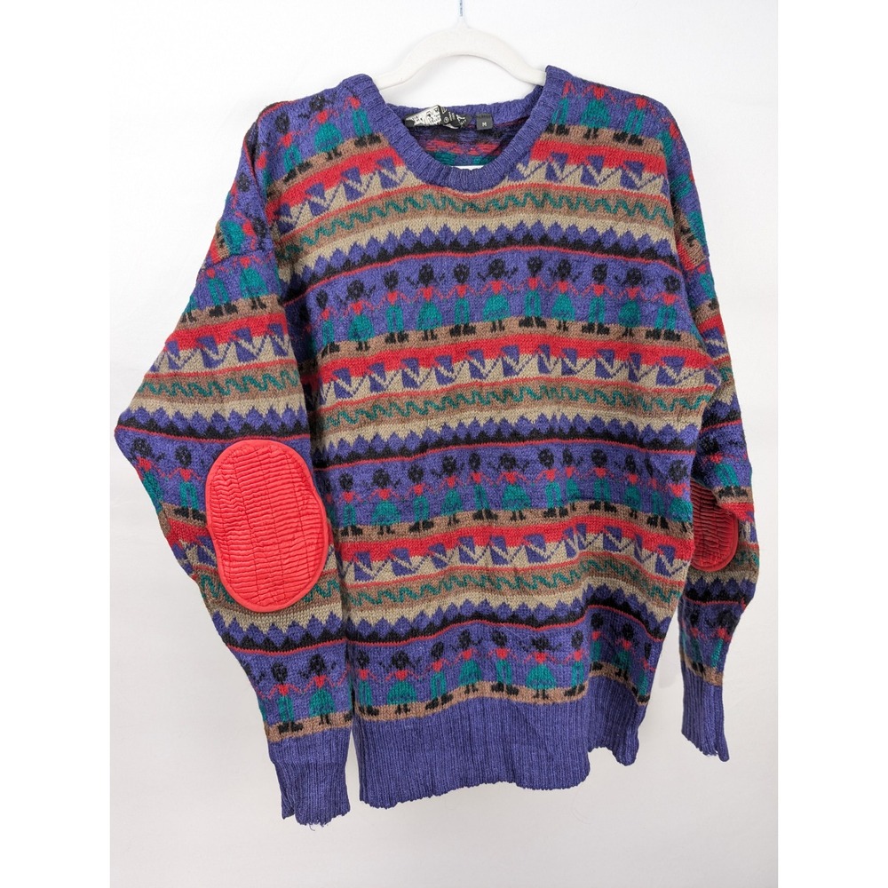 Vintage 90s 100% Shetland Wool Fair Isle Sweater Mens M Elbow Patch Grandpa